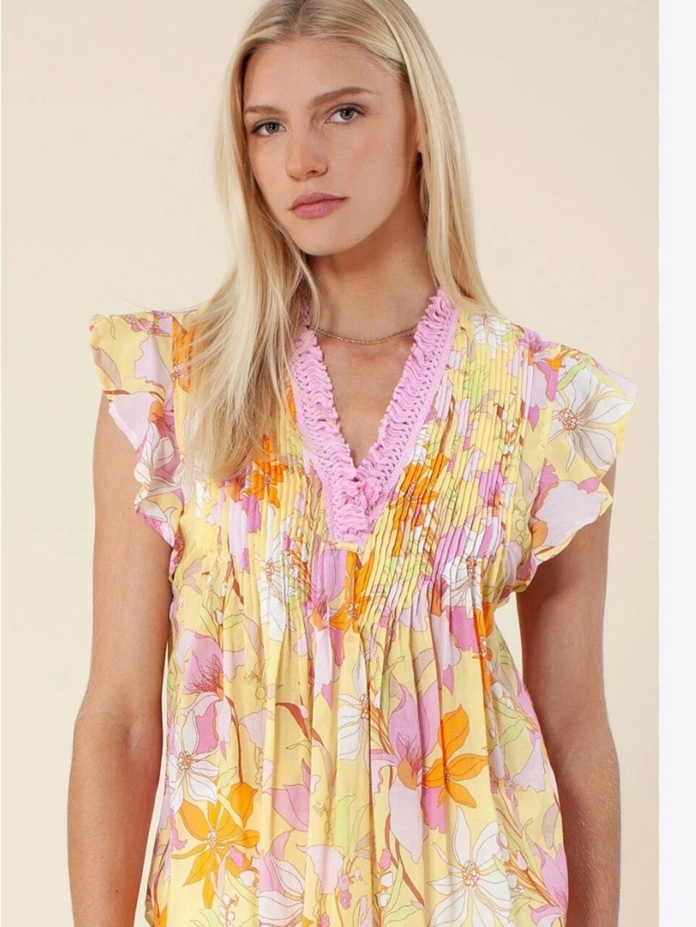 NWT Hale Bob Los Angeles Yellow Cotton Floral Boho Flutter Sleeve Blouse Small